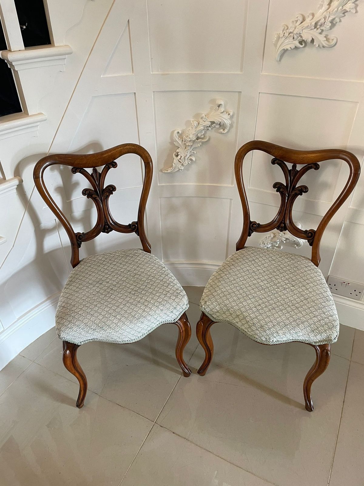 Pair Of Antique Quality Carved Walnut Side Chairs