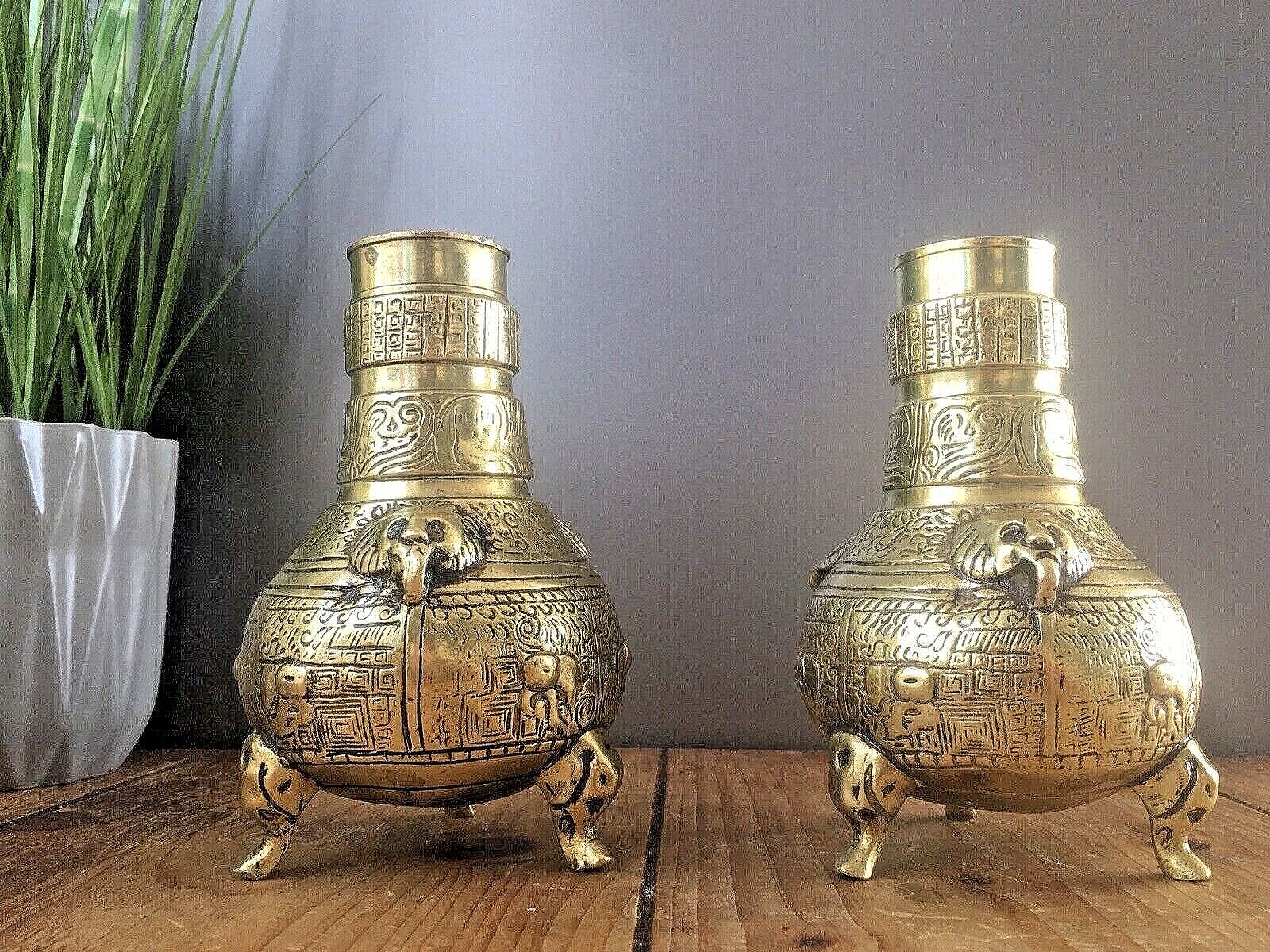 Unusual Antique Chinese Bronze Brass Urn Vases Elephant Feet Lion Mask 19th 20th photo furniture