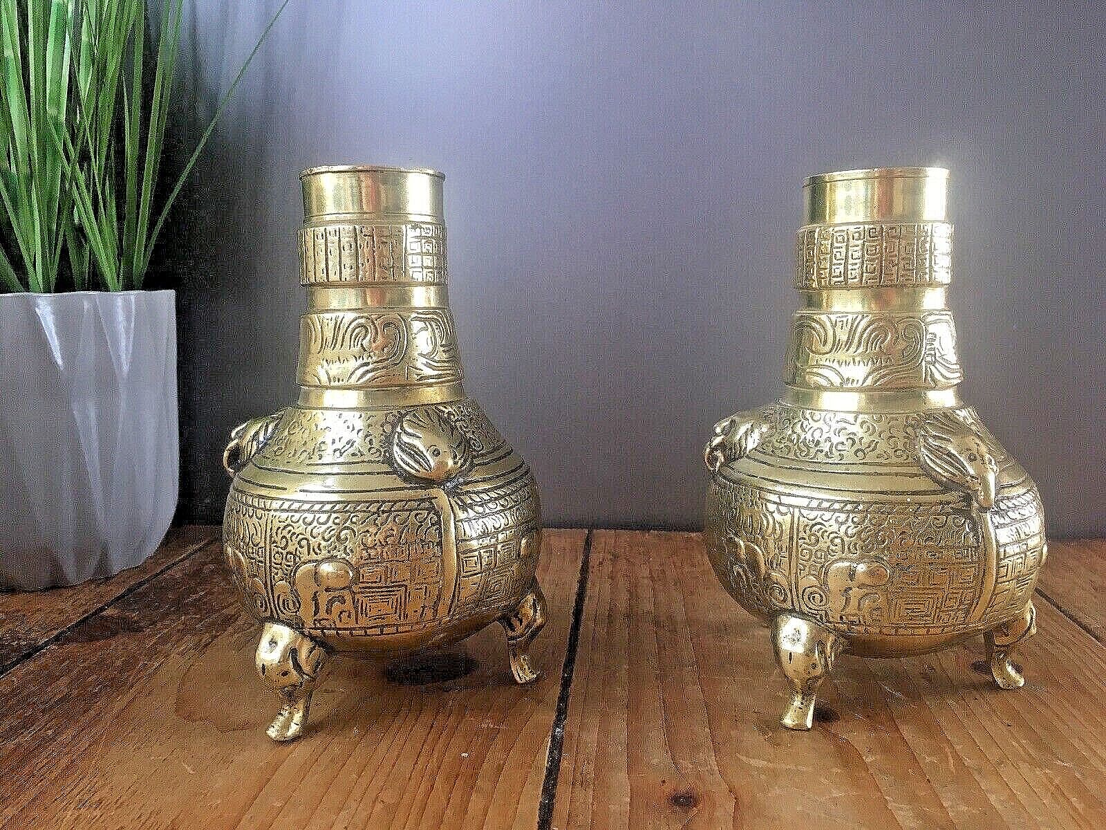 Unusual Antique Chinese Bronze Brass Urn Vases Elephant Feet Lion Mask 19th 20th photo for sale