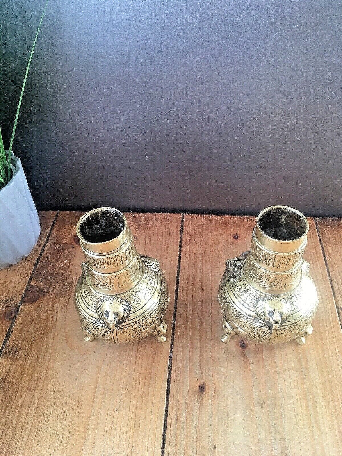 Unusual Antique Chinese Bronze Brass Urn Vases Elephant Feet Lion Mask 19th 20th photo vinterior