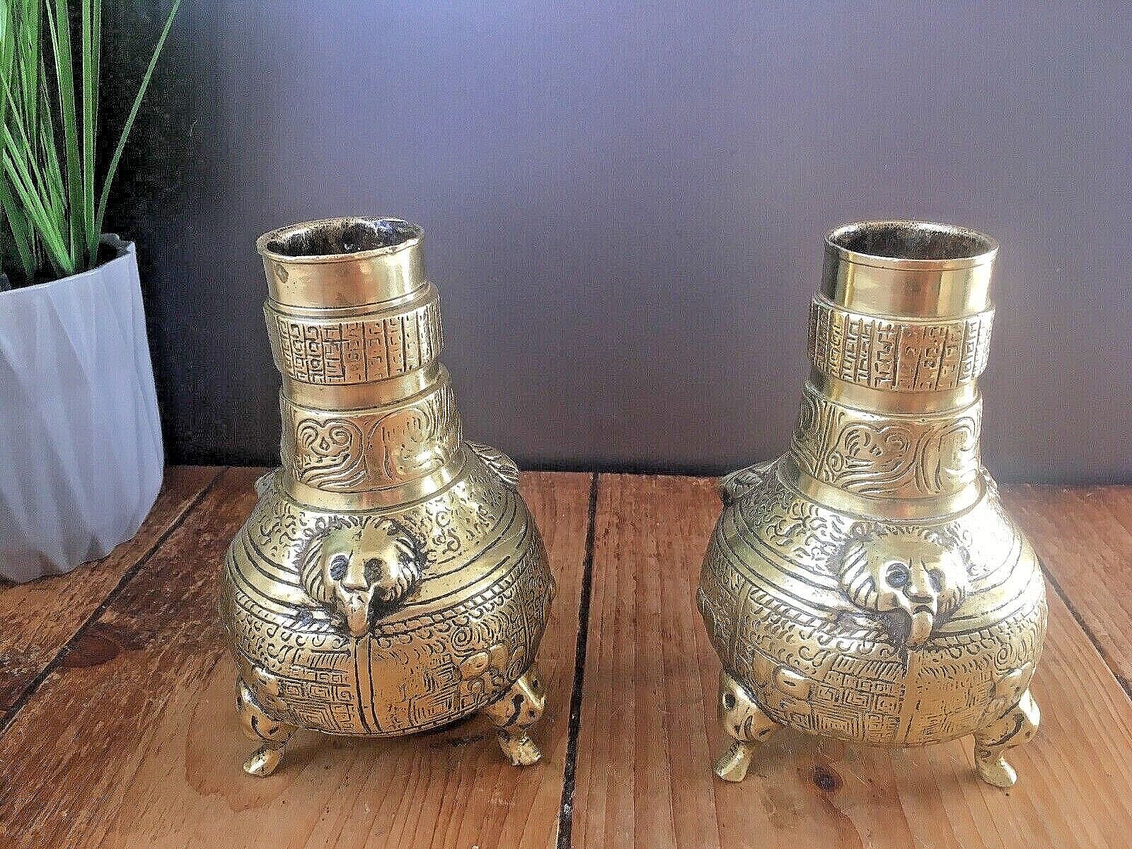 Home Decor Unusual Antique Chinese Bronze Brass Urn Vases Elephant Feet Lion Mask 19th 20th photo