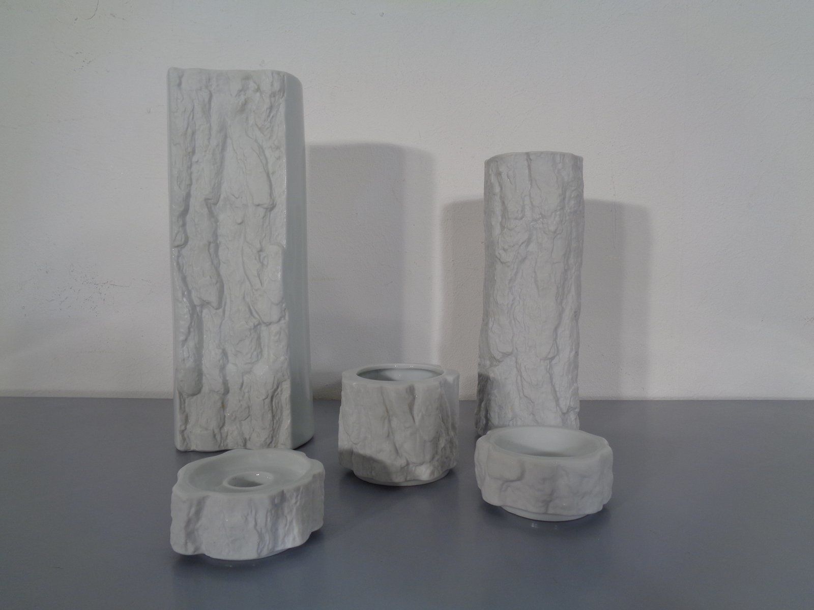 Bisque Porcelain Op Art Vases Candleholders And Ashtrays By Ernst Fenzi For Bareuther 1970s  Set Of 5