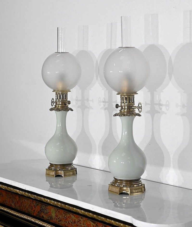 Pair Of Oil Lamps In Celadon And Bronze, Napoleon III Period, Mid 19th Century