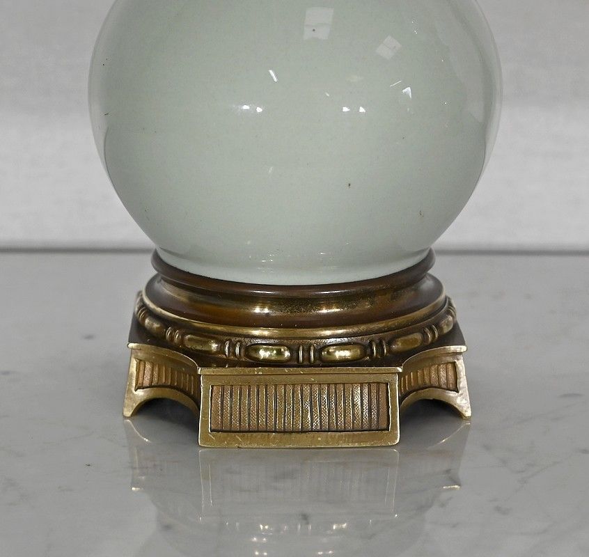Pair Of Oil Lamps In Celadon And Bronze, Napoleon III Period, Mid 19th Century photo vinterior
