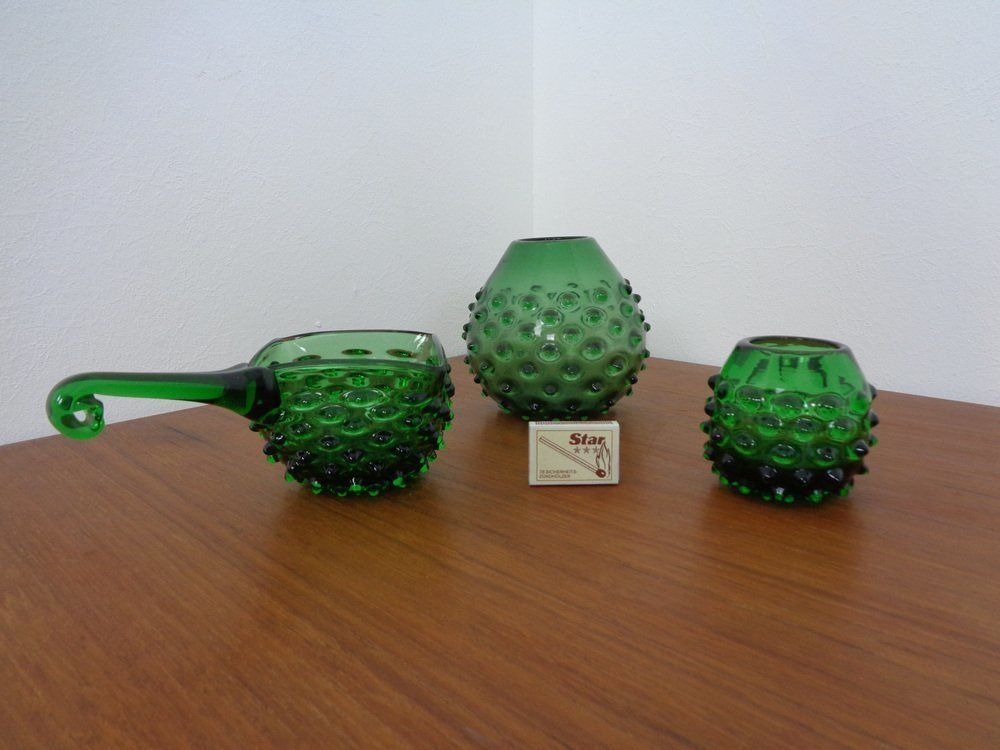 Italian Green Bubble Glass Vases & Bowl By Empoli, Set Of 3, 1960s photo for sale