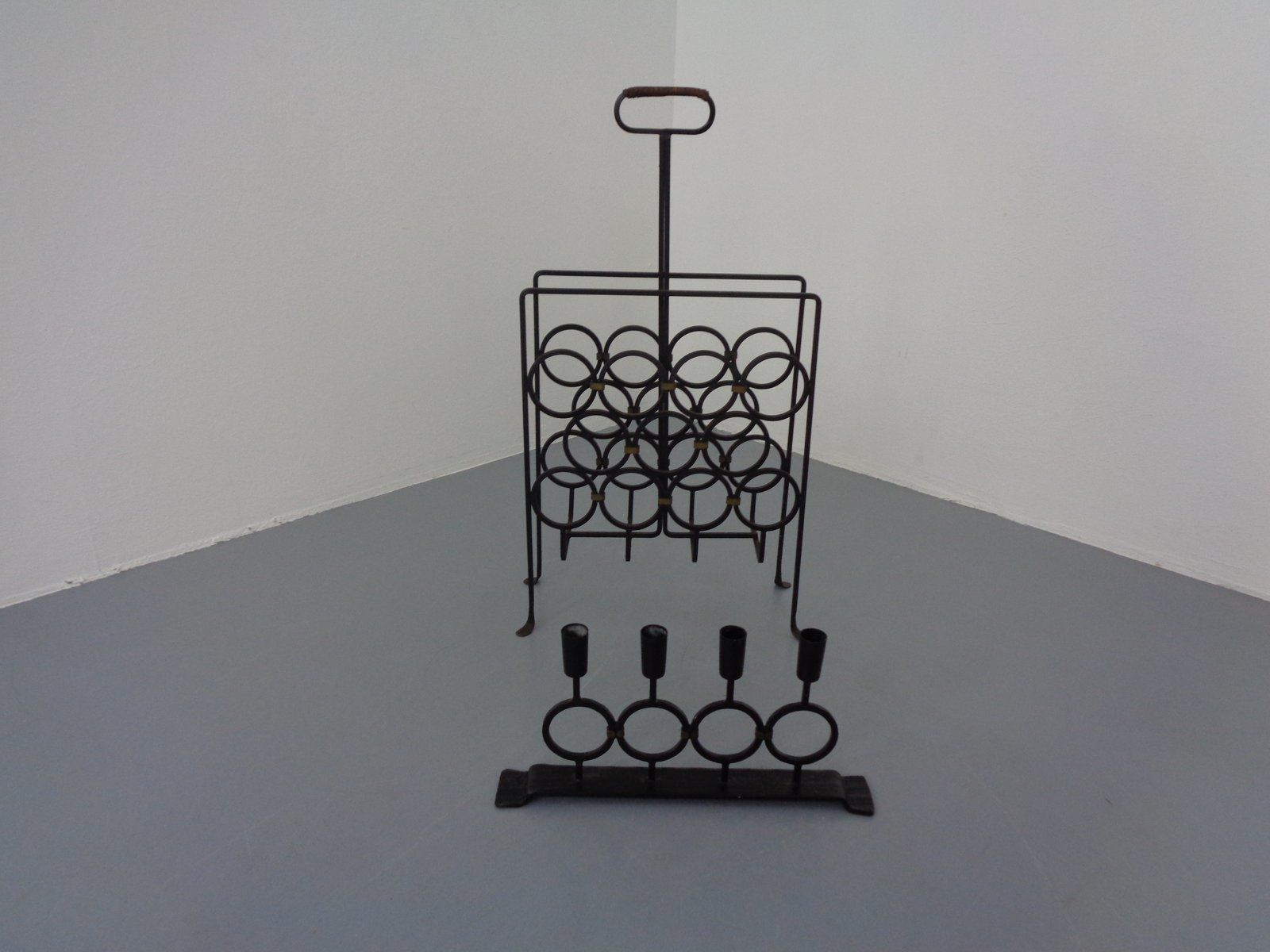 Brutalist Iron Magazine Rack And Candleholder, 1960s, Set Of 2 photo for sale