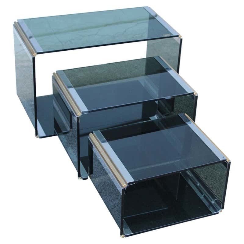 Stackable Tables Stildomus 1970s Italian Glass Steel And Brass Argent Gold Rega