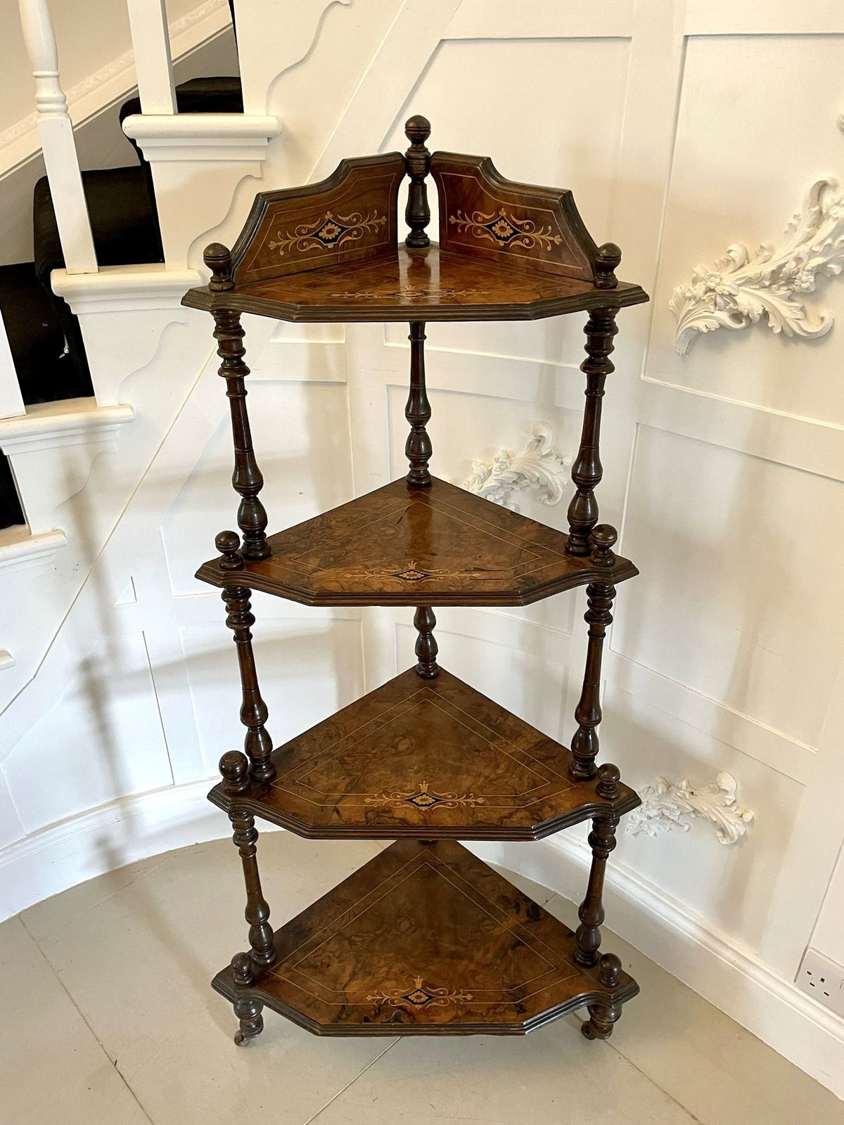 photo furniture Quality Antique 19th Century Inlaid Walnut Four Tier Corner Whatnot