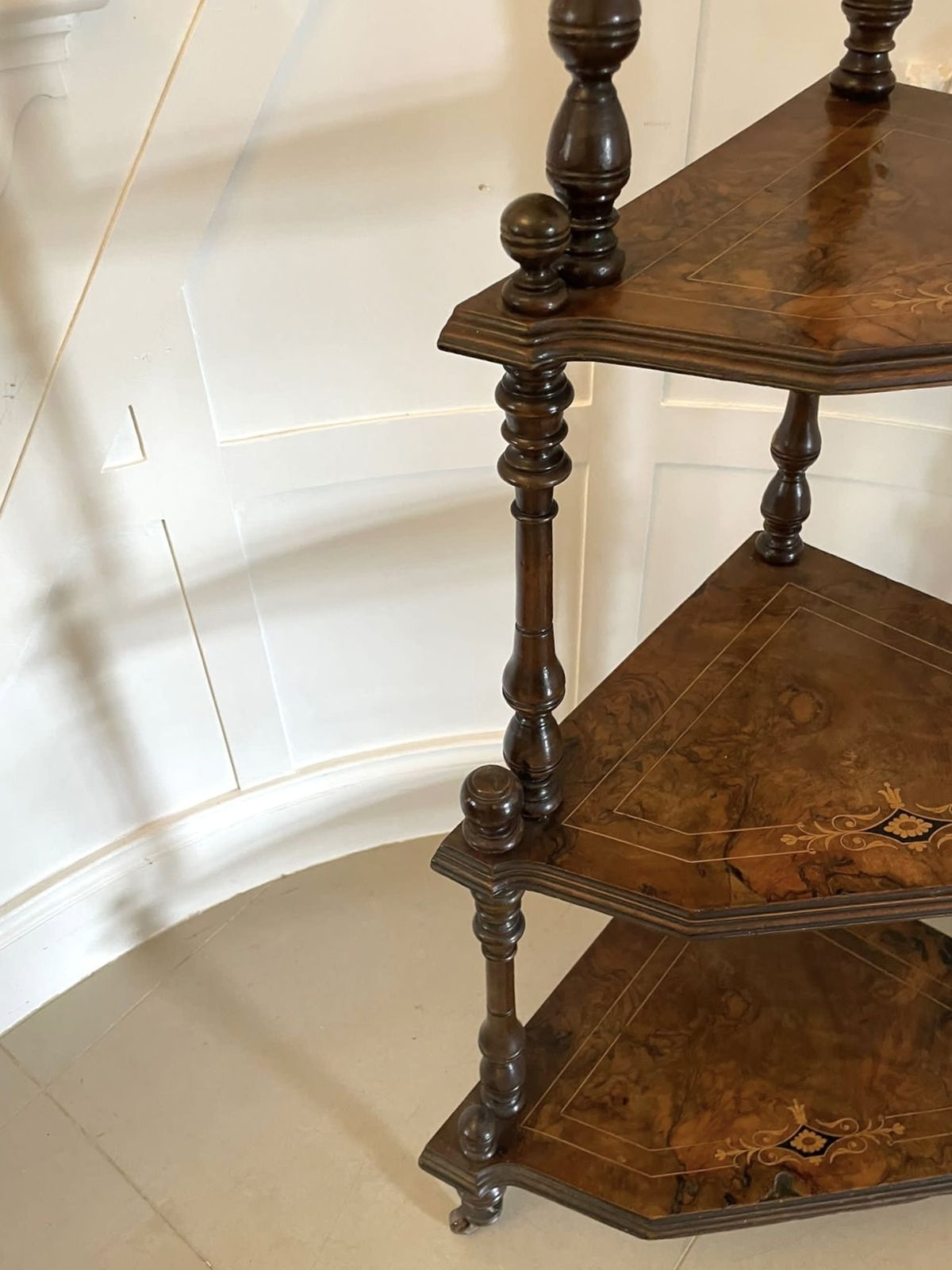 Furniture Quality Antique 19th Century Inlaid Walnut Four Tier Corner Whatnot photo