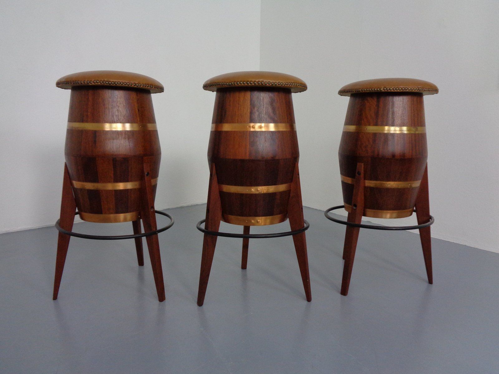 Mid Century Teak & Copper Barstools, 1960s, Set Of 3