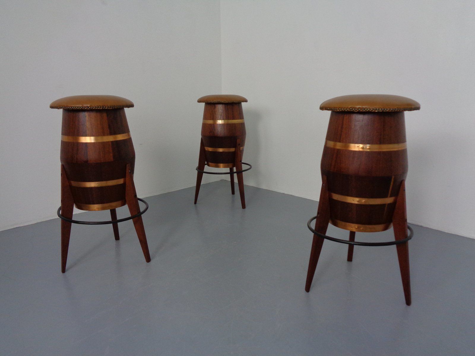 Mid Century Teak & Copper Barstools, 1960s, Set Of 3 photo for sale