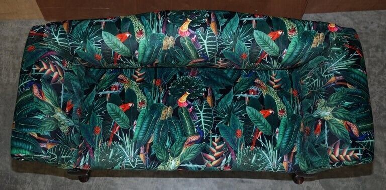 Lovely Vintage Mini Window Seat Bench Sofa With Birds Of Paradise Upholstery photo for sale