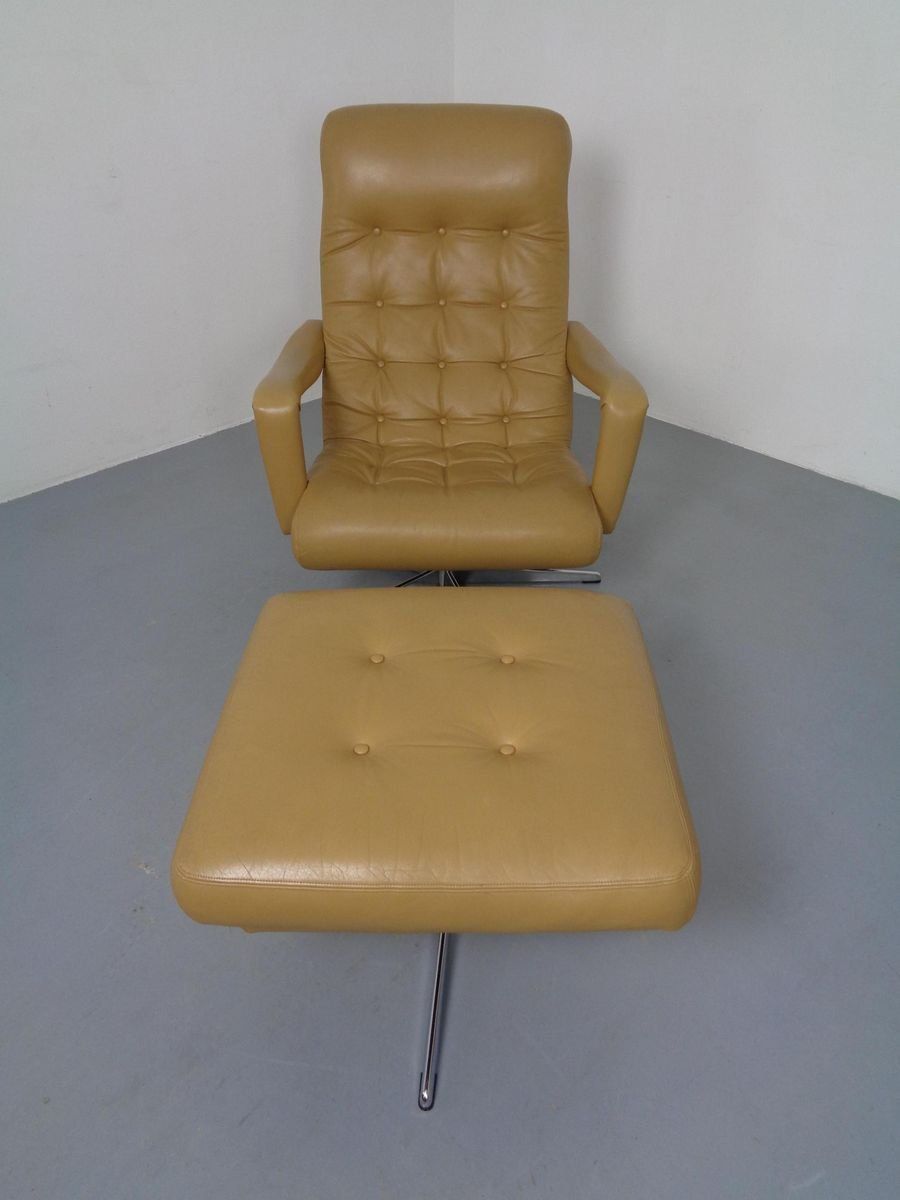 photo for sale Leather Swivel Easy Chair And Ottoman 1970s  Set Of 2