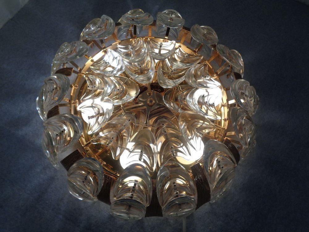 Large Gilded Brass And Crystal Glass Ceiling Lamp By Ernst Palme For Palwa 1960s photo vinterior