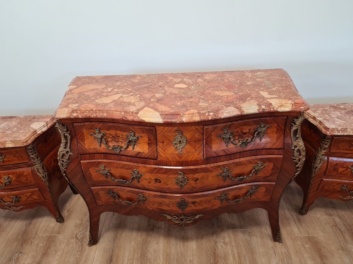 French Chest Of Drawers With Brass Applications And Marble Slab photo for sale
