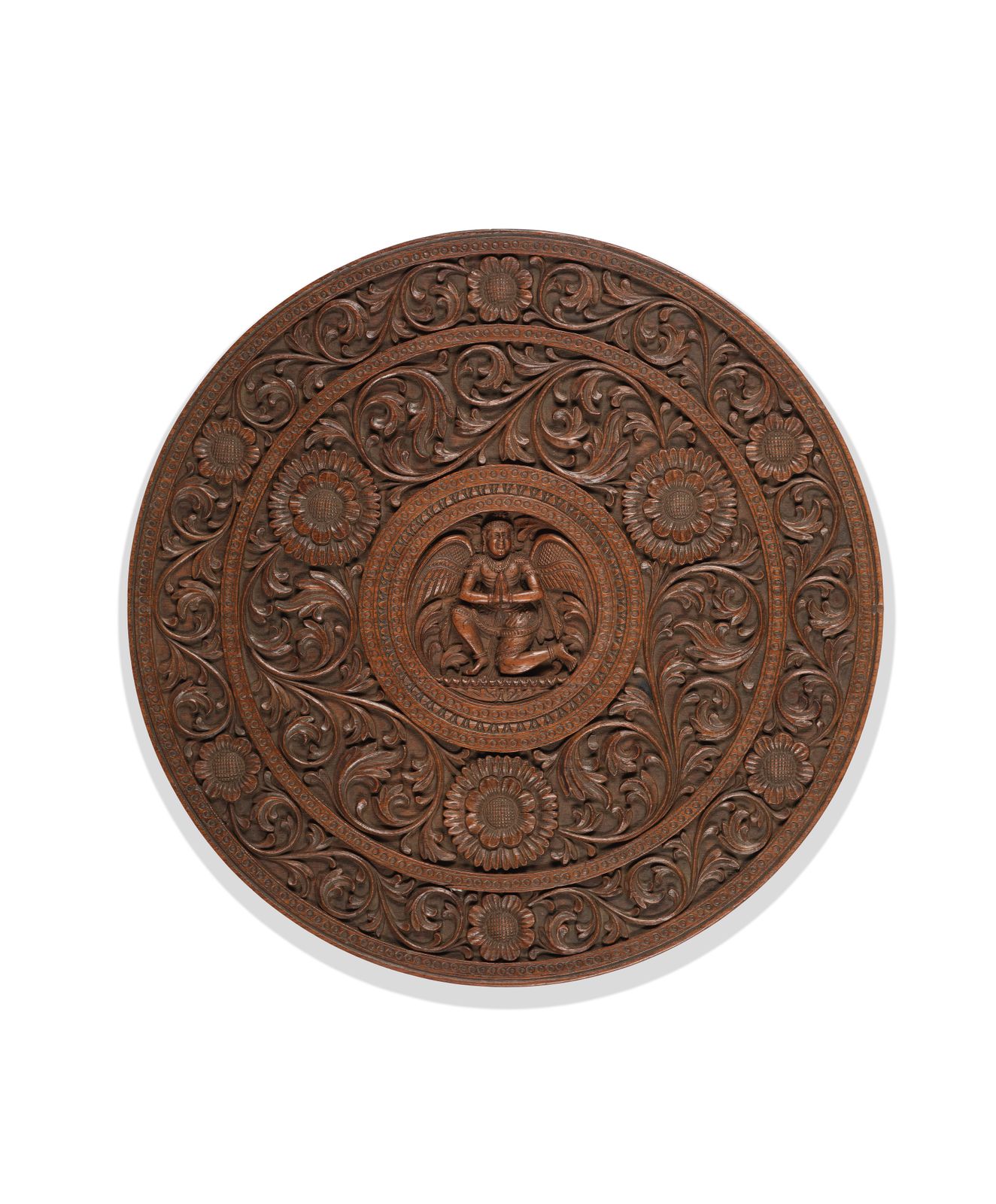 Very Rare Antique Indian Ornately Hand Carved Mahogany Gandharva Figure Teapoy Table Top Wall Plaque, Dated 1931 With Original Receipt.