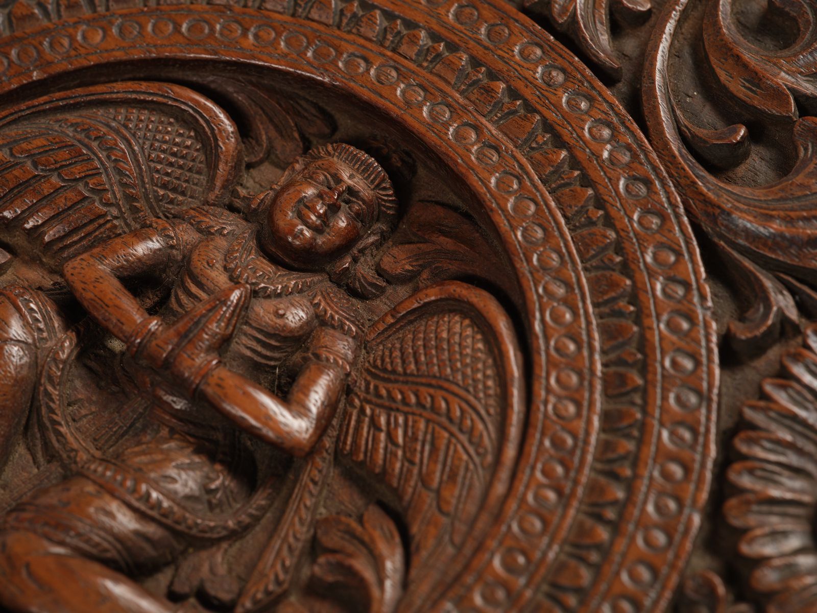Very Rare Antique Indian Ornately Hand Carved Mahogany Gandharva Figure Teapoy Table Top Wall Plaque, Dated 1931 With Original Receipt. photo Art