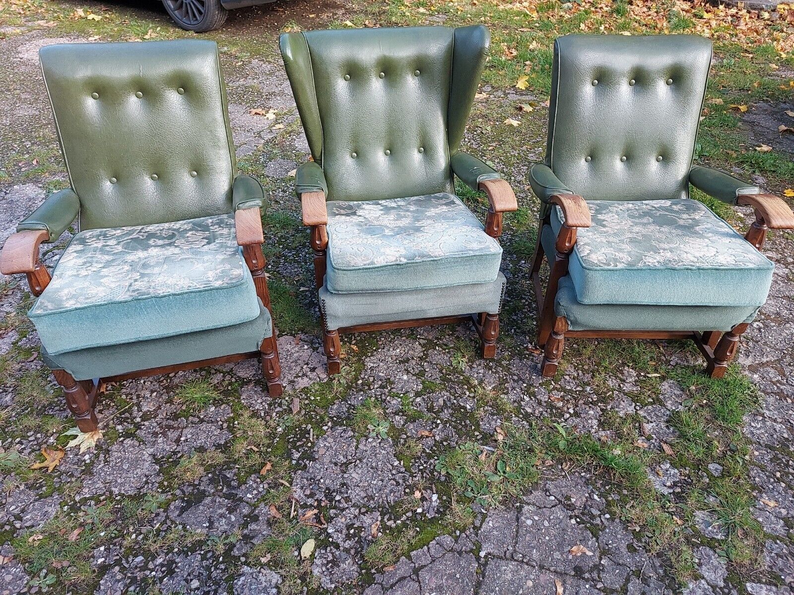 3 Vintage/Retro/Mid Century Green Vinyl Backed Oak Framed Armchairs, 1 Wing Back