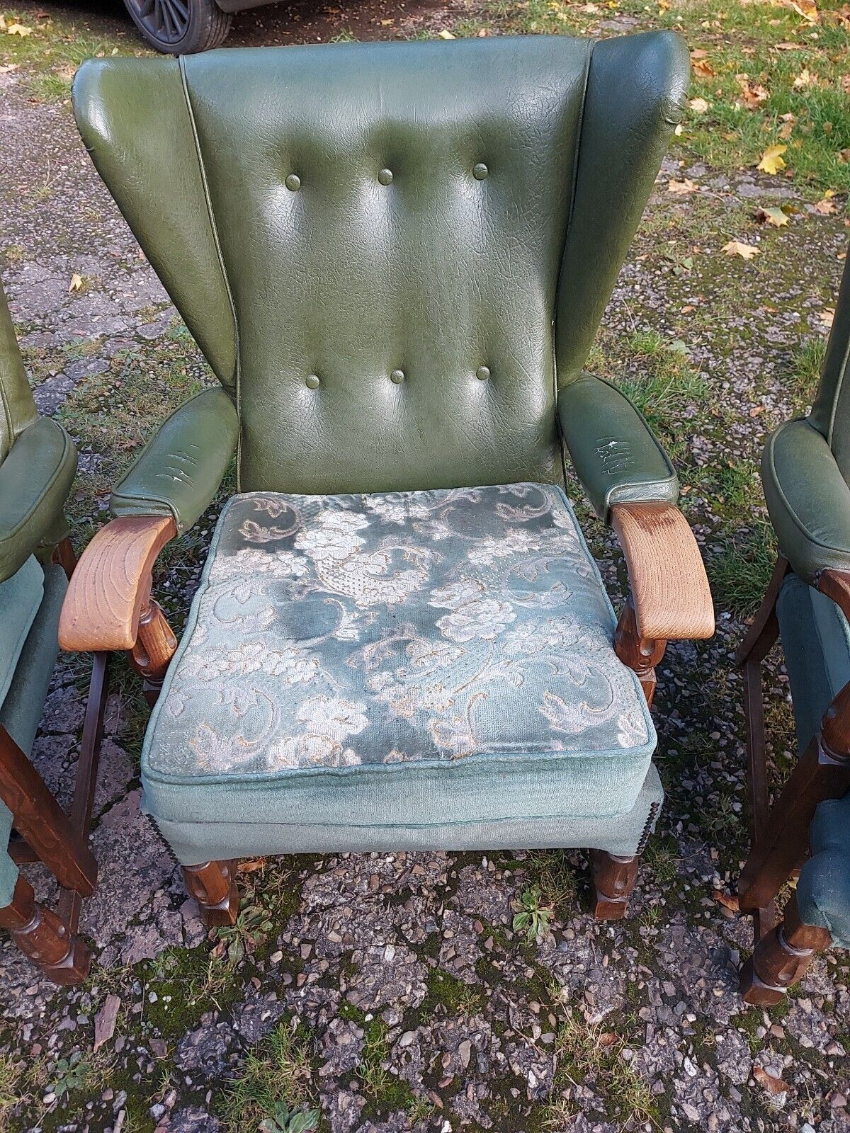 3 Vintage/Retro/Mid Century Green Vinyl Backed Oak Framed Armchairs, 1 Wing Back photo for sale