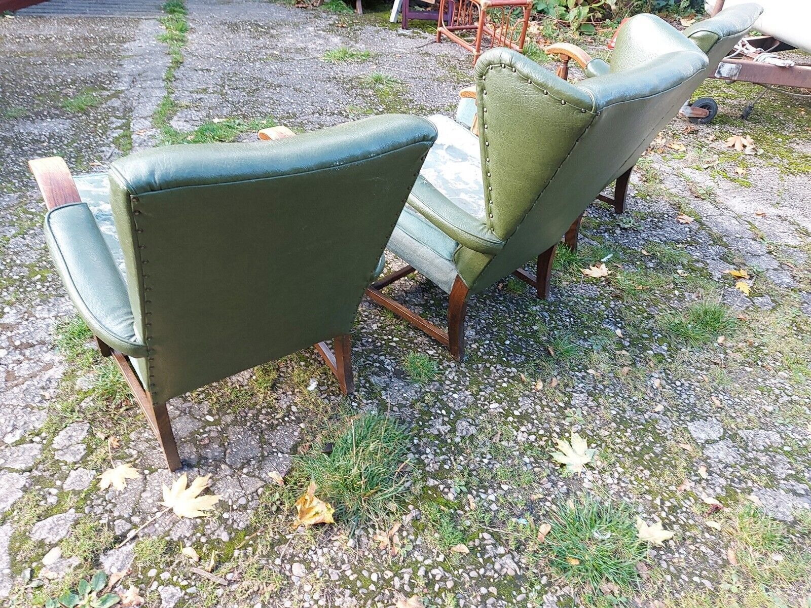 3 Vintage/Retro/Mid Century Green Vinyl Backed Oak Framed Armchairs, 1 Wing Back photo vinterior
