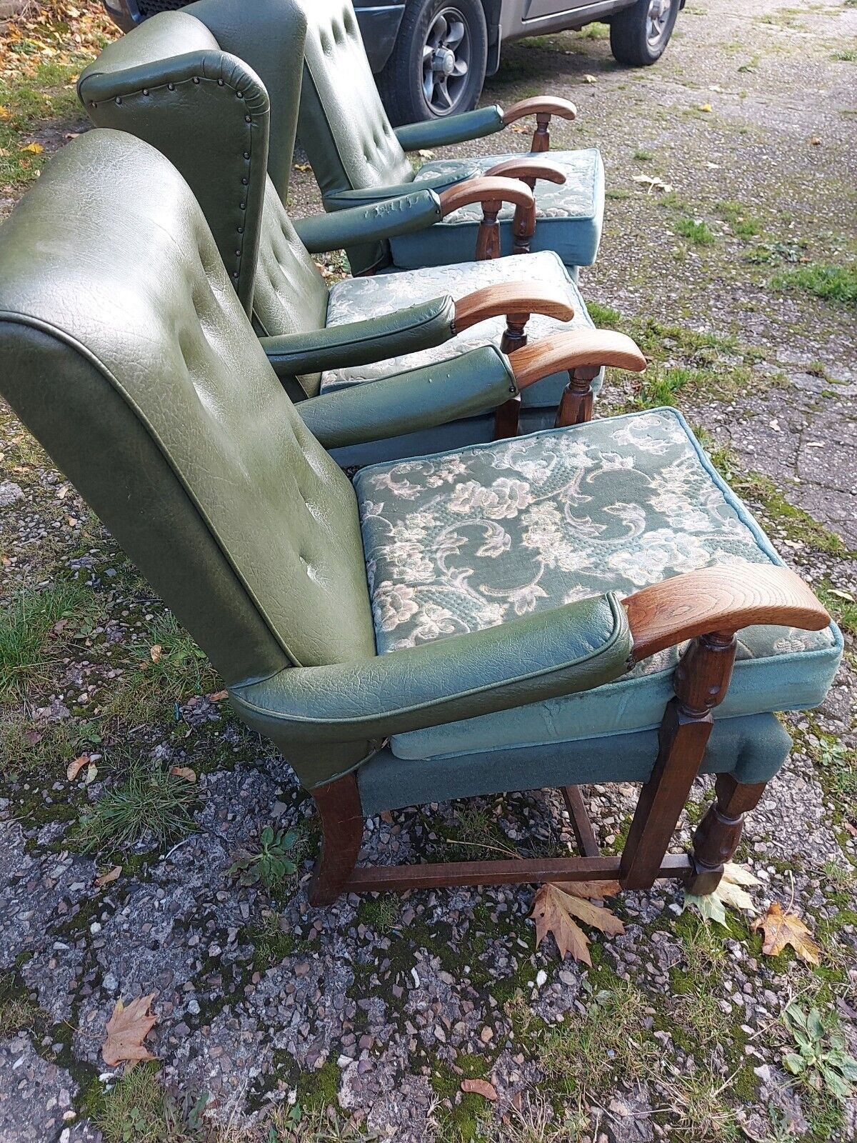 3 Vintage/Retro/Mid Century Green Vinyl Backed Oak Framed Armchairs, 1 Wing Back photo vintage