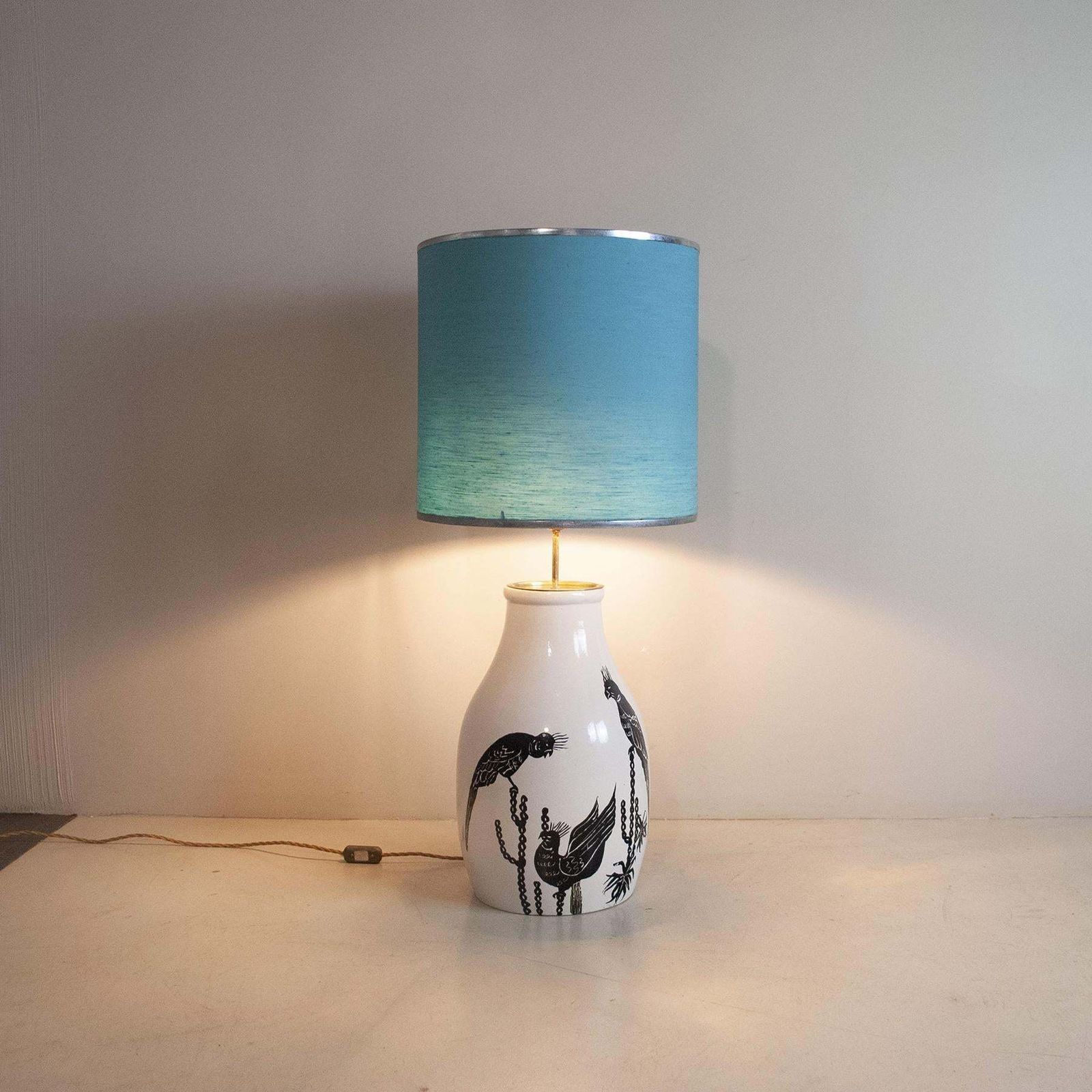 Italian Midcentury Ceramic Table Lamp With Parrots Painting From The Sixties photo Lighting