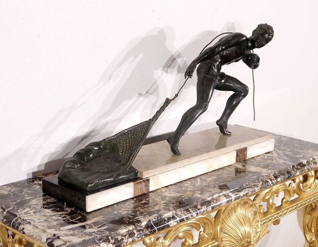 Important Spelter Sculpture "The Fisherman", By J. De Roncourt, Art Deco   1930 photo furniture