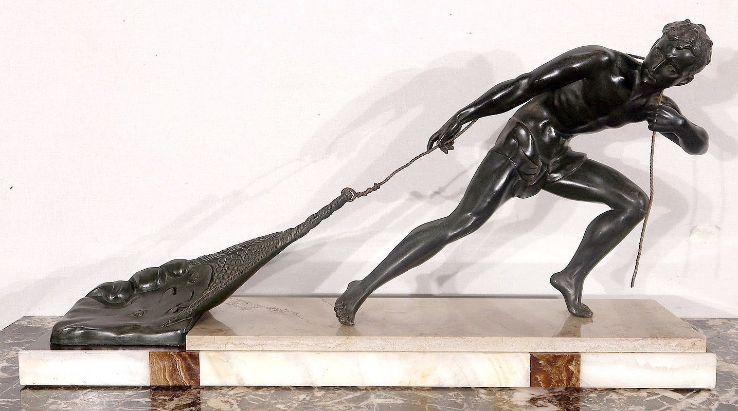 Important Spelter Sculpture "The Fisherman", By J. De Roncourt, Art Deco   1930 photo Home Decor