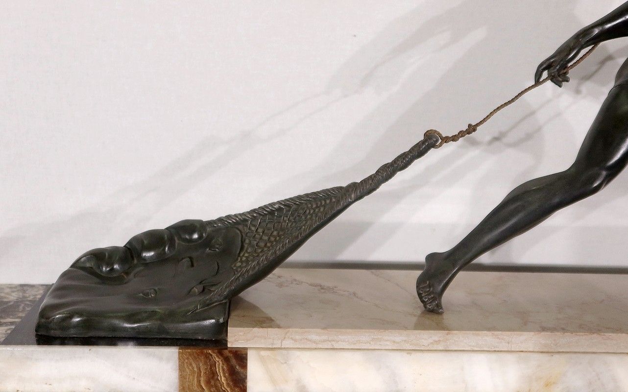 Important Spelter Sculpture "The Fisherman", By J. De Roncourt, Art Deco   1930 photo vintage