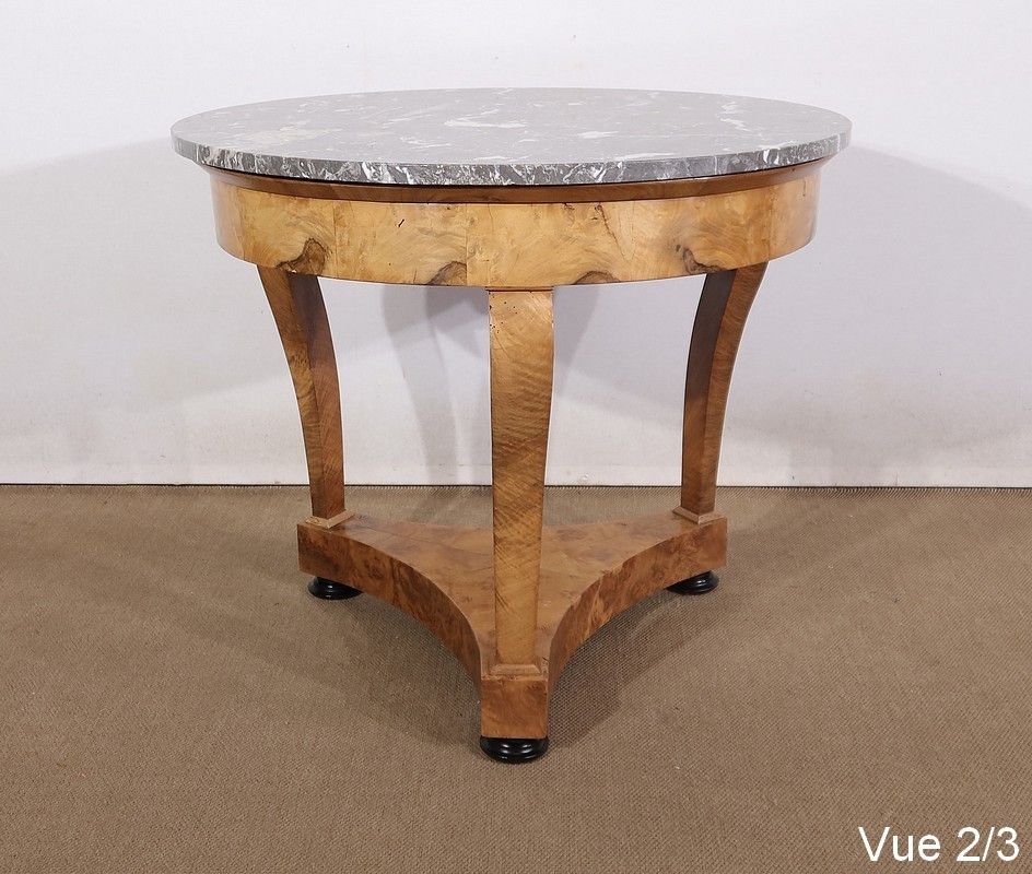 photo vintage Pedestal Table In Walnut And Marble, Restoration Period, Early 19th Century