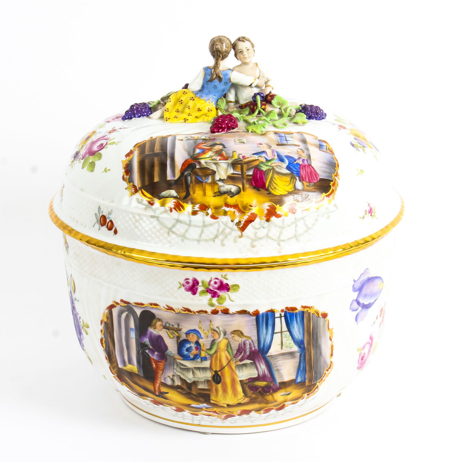 Magnificent Dresden Style Hand Painted Porcelain Tureen Late 20th Century