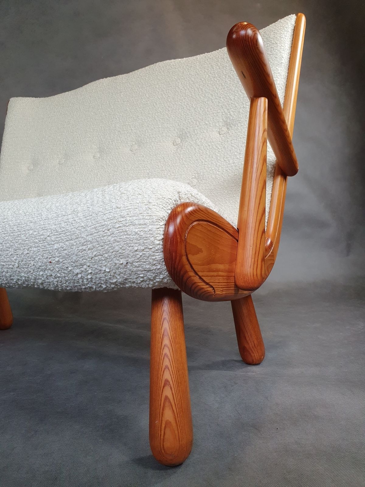 photo for sale Two Seater Sofa In Bouclé Fabric And Oak, Attributed To Philip Arctander, Scandinavian Mid Century 1950s