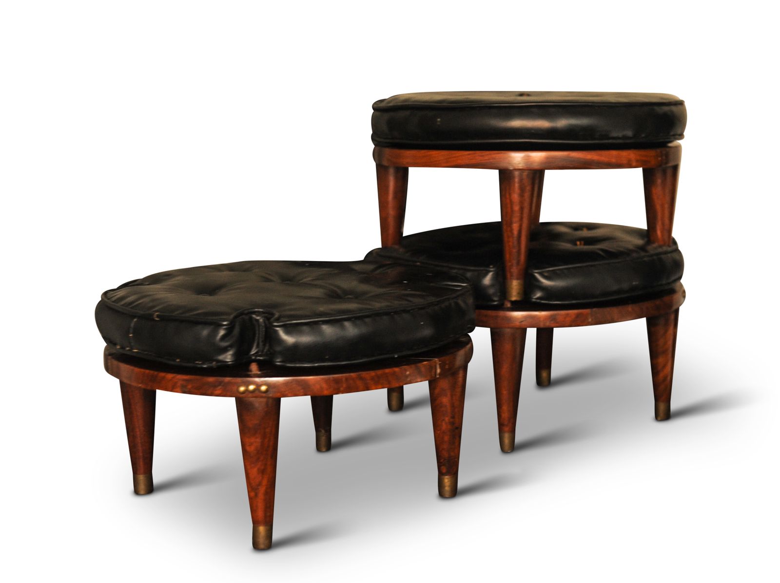 Set Of Three Mid Century Hardwood & Black Leatherette Stacking Footstools With Cushioned Circular Footpad 1970s Ol