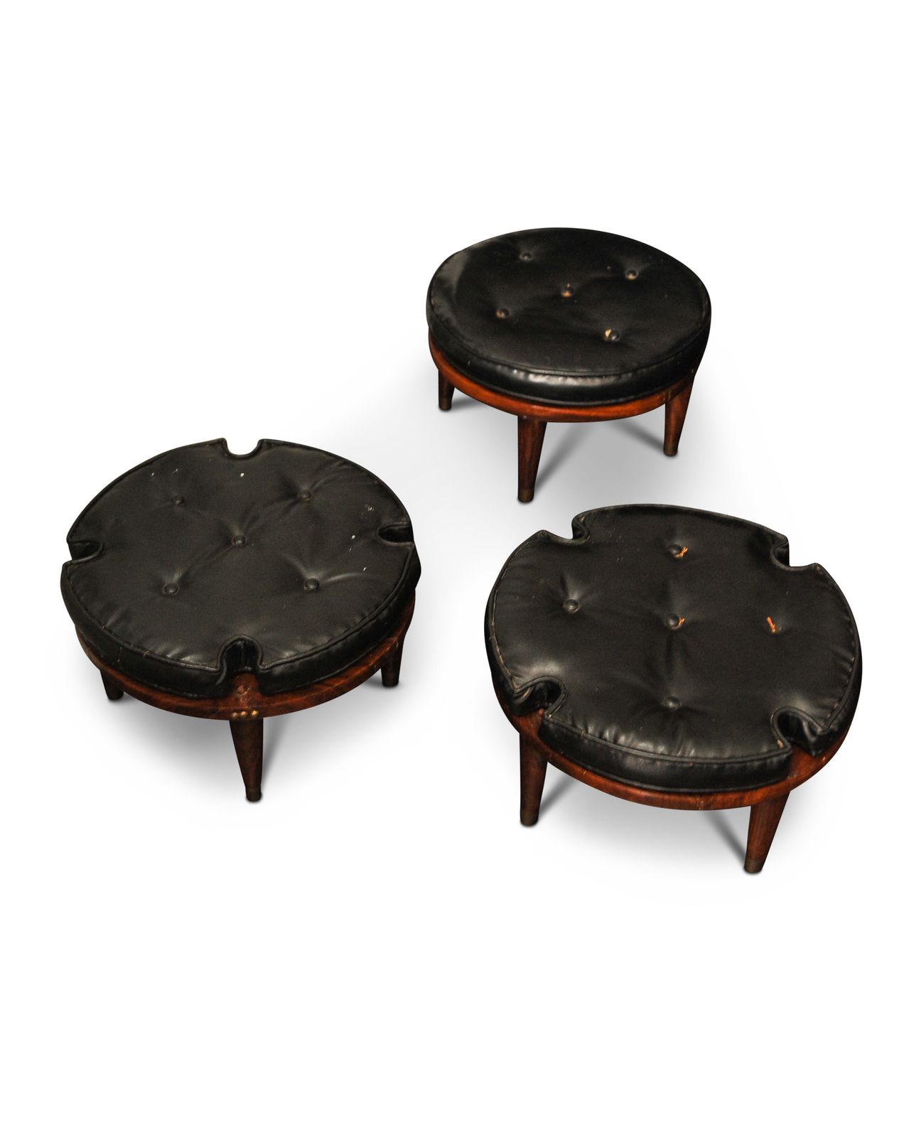 Set Of Three Mid Century Hardwood & Black Leatherette Stacking Footstools With Cushioned Circular Footpad 1970s Ol photo for sale
