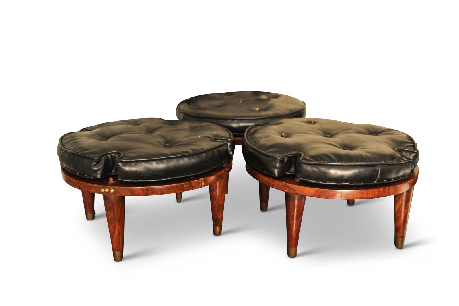 Set Of Three Mid Century Hardwood & Black Leatherette Stacking Footstools With Cushioned Circular Footpad 1970s Ol photo Furniture