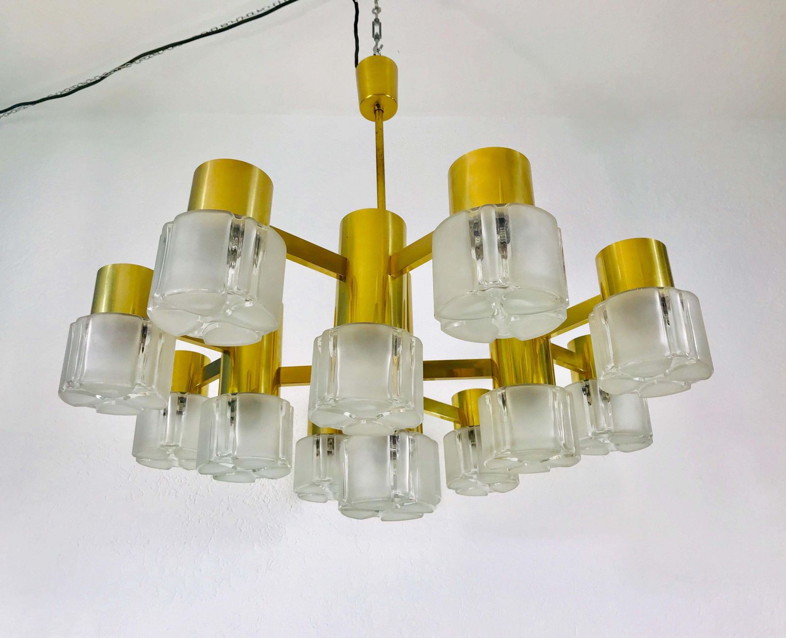Monumental Swedish Mid Century Modern Brass And Ice Glass Chandelier, 1960s