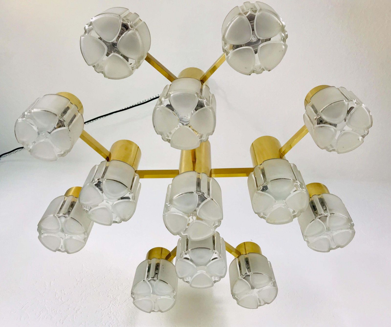 Monumental Swedish Mid Century Modern Brass And Ice Glass Chandelier, 1960s photo for sale