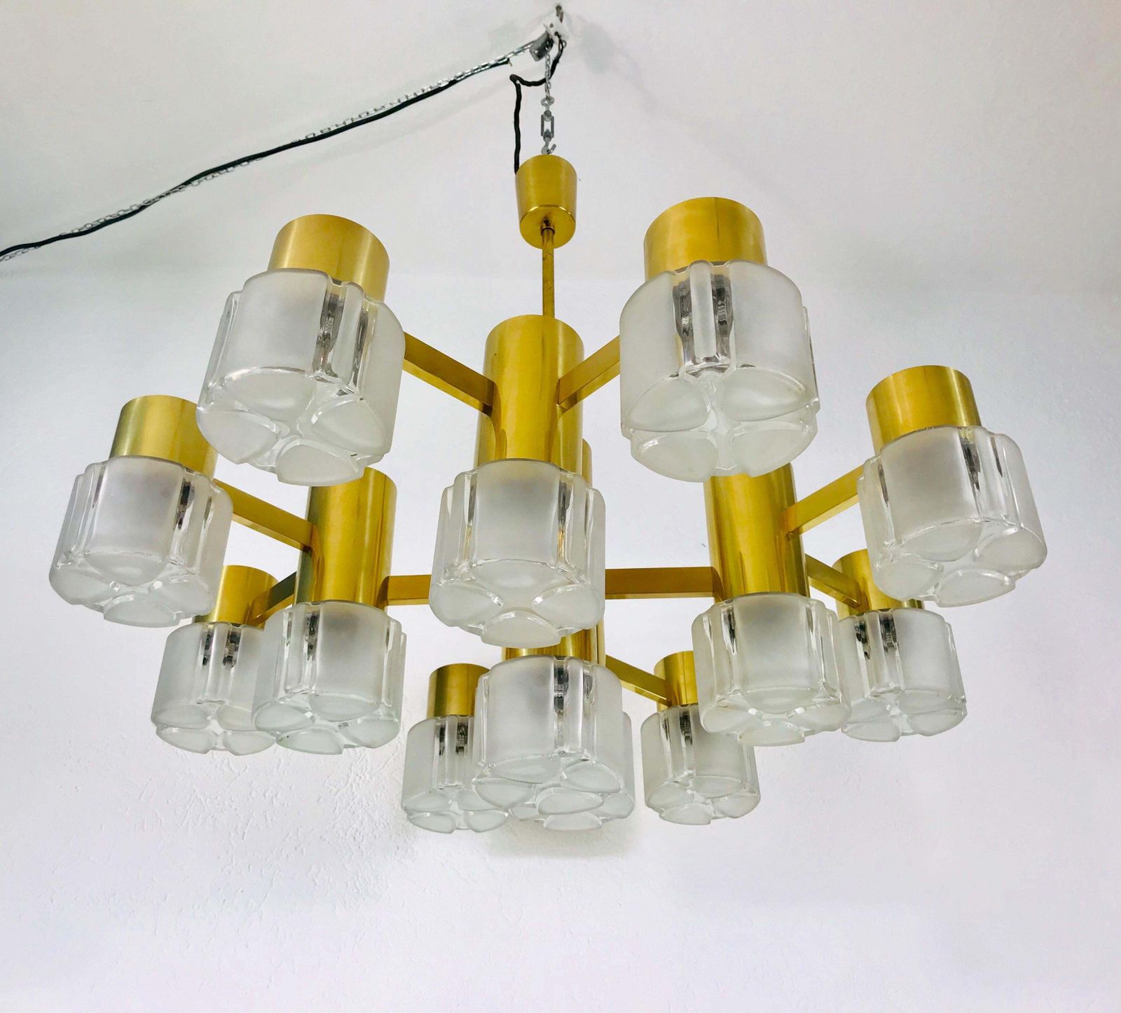 3195.0 Monumental Swedish Mid Century Modern Brass And Ice Glass Chandelier, 1960s photo