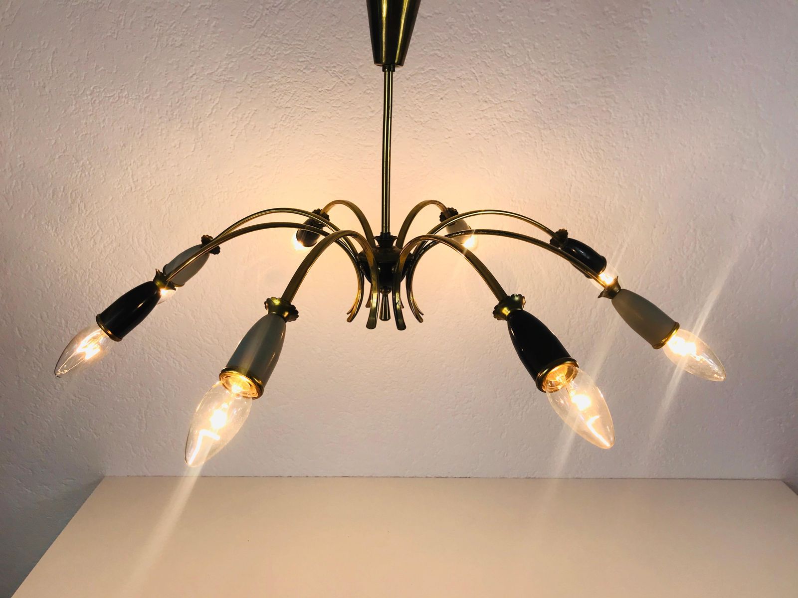 Large Midcentury Brass 8 Arm Sputnik Chandelier, 1950s