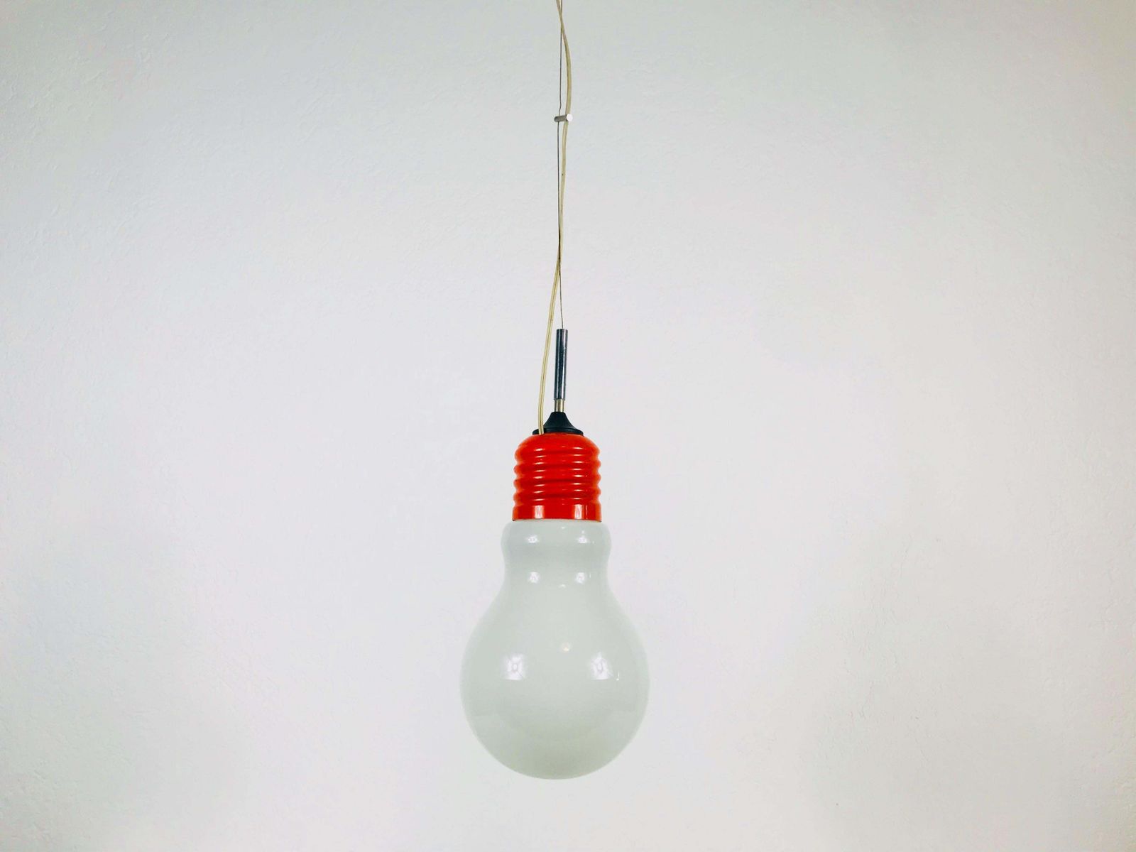 Italian Red Metal And Opaline Glass Hanging Lamp, 1970s, Italy photo for sale