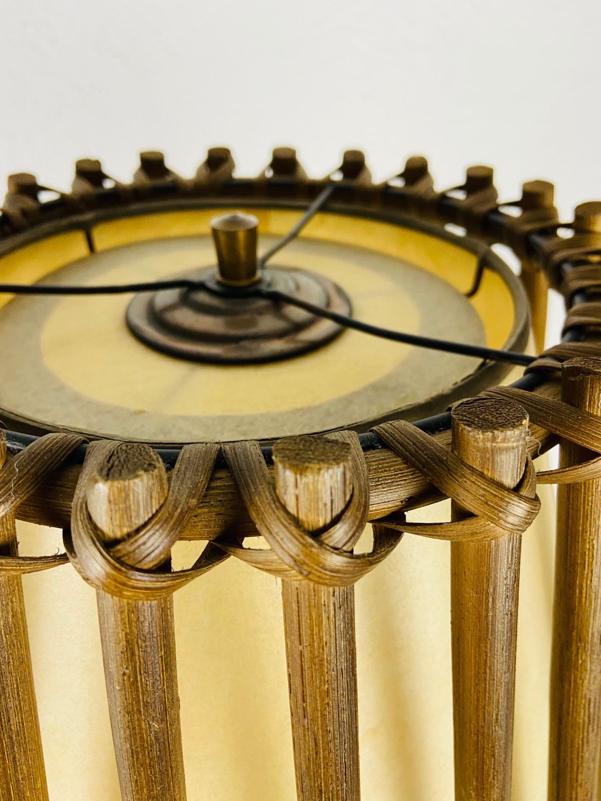 Midcentury Teak And Rattan Table Lamp, Circa 1970 photo for sale