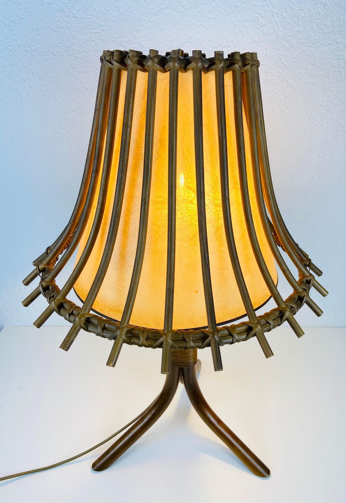 photo for sale Midcentury Teak And Rattan Table Lamp, Circa 1970