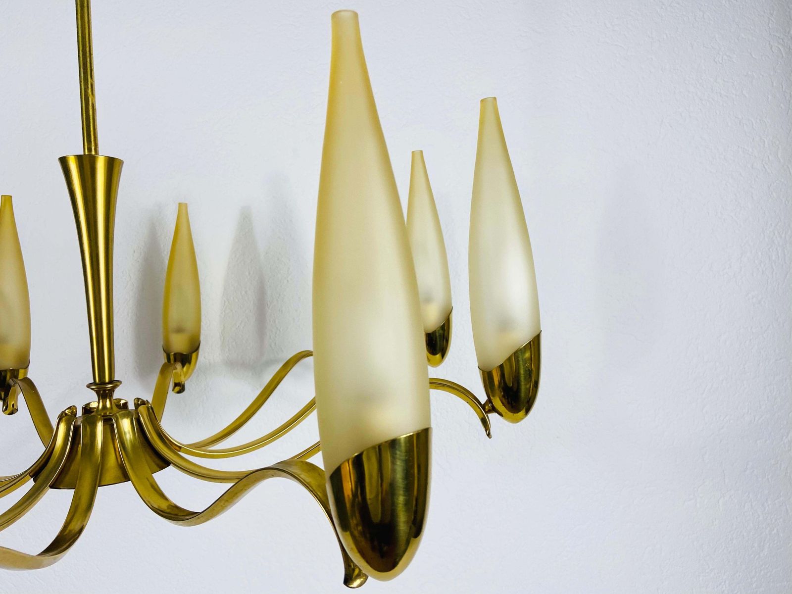photo for sale Mid Century Modern Italian Brass And Glass Chandelier, 1960s