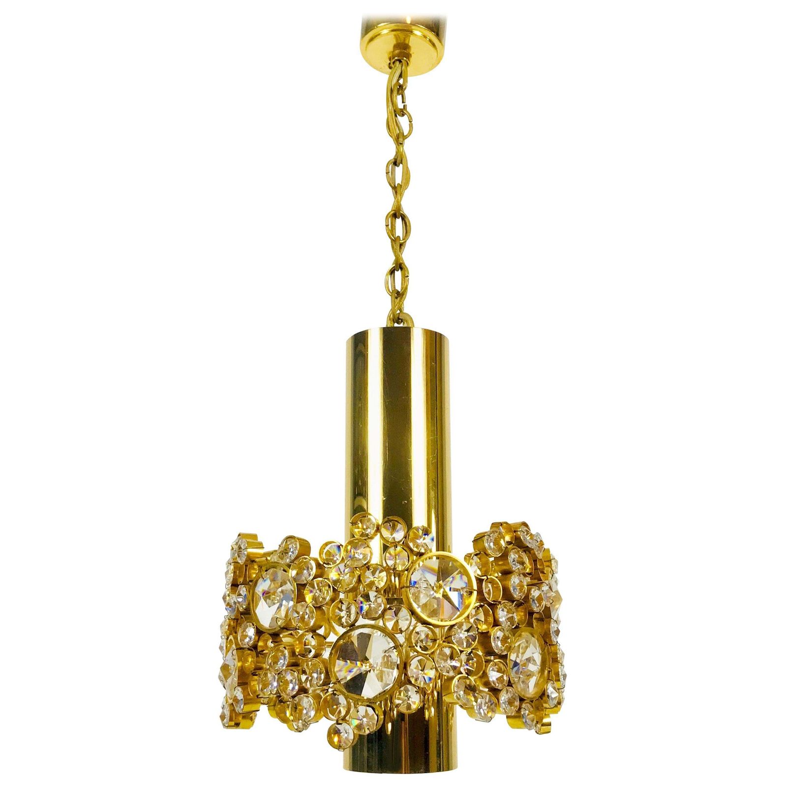 Pair Of Gilt Brass And Crystal Glass Chandeliers By Palwa, Germany, 1970s photo for sale