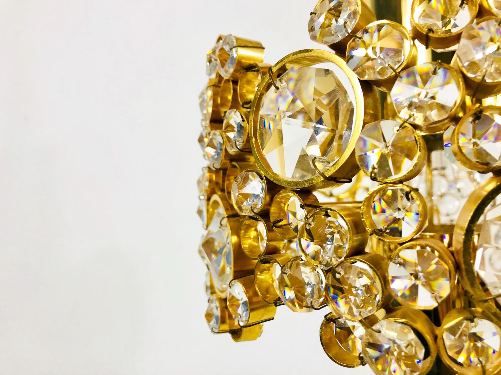 Pair Of Gilt Brass And Crystal Glass Chandeliers By Palwa, Germany, 1970s photo vintage