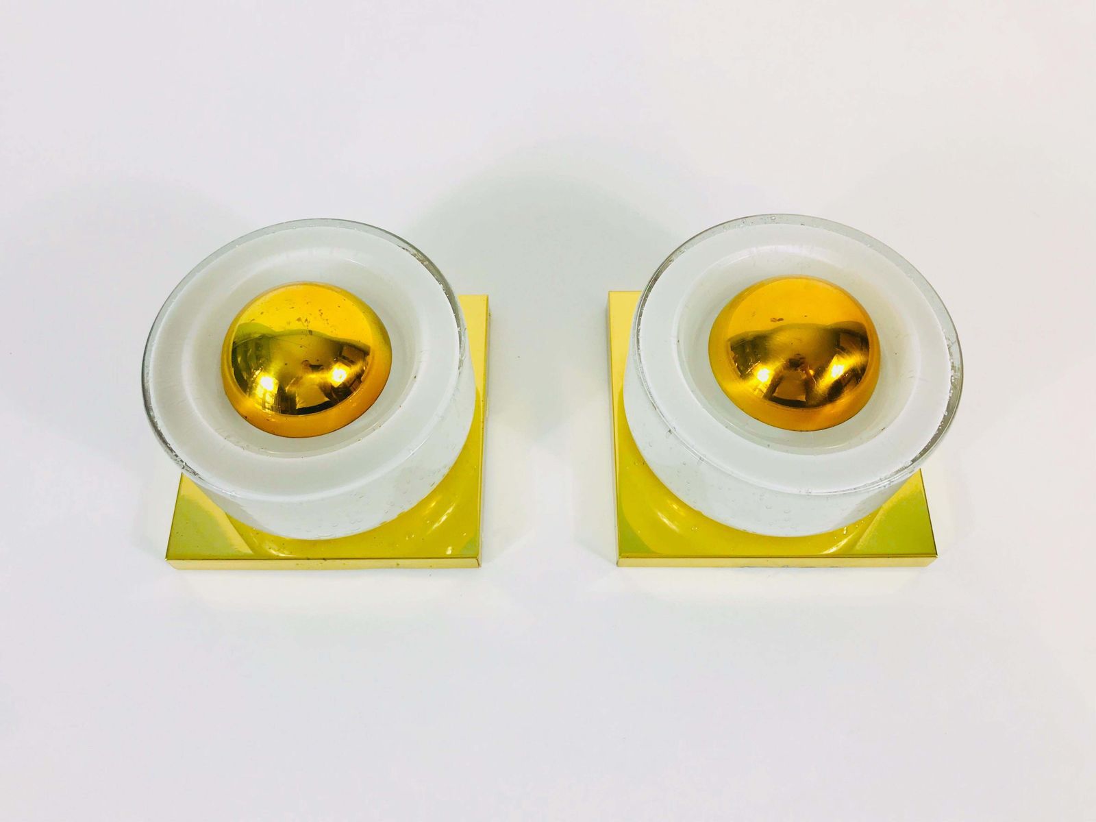 Pair Of Modernist Brass And Bubble Glass Wall Lamps By Limburg, Germany, 1980s photo for sale