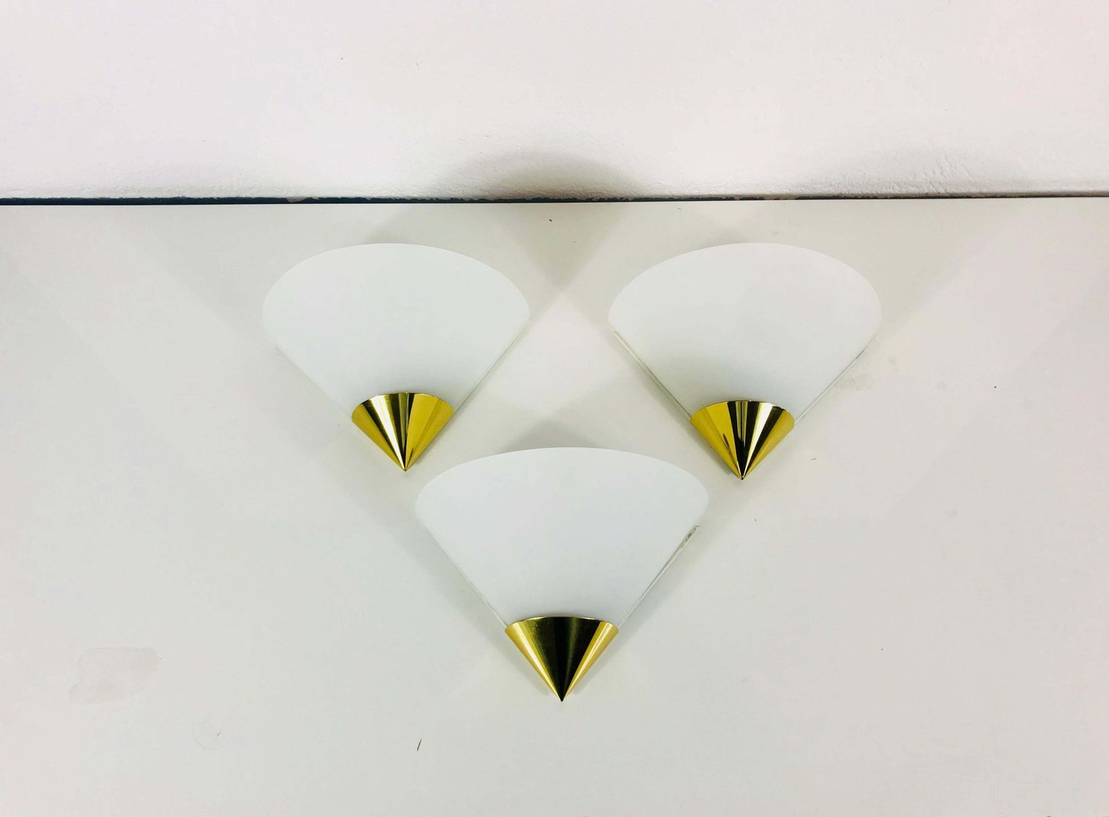 Set Of 3 Midcentury Brass And Opaline Glass Wall Lamps By Limburg, 1970s photo Lighting