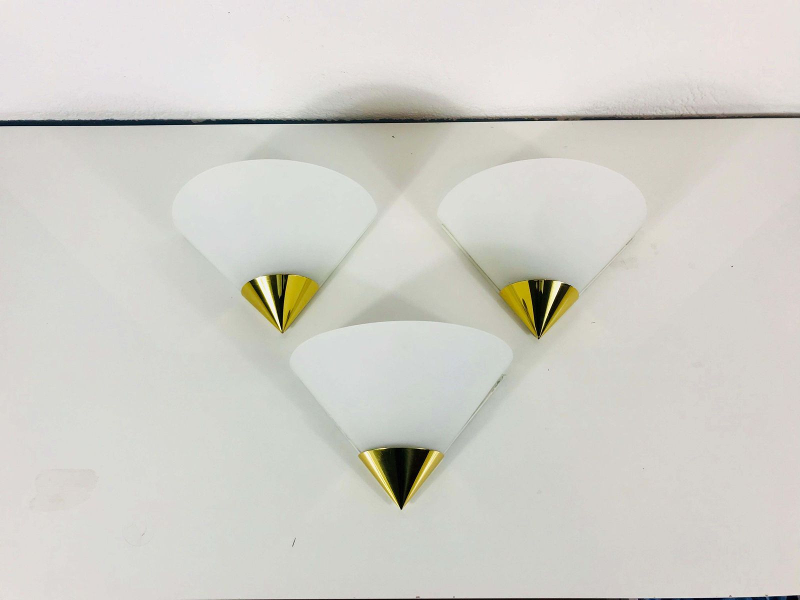 1816.0 Set Of 3 Midcentury Brass And Opaline Glass Wall Lamps By Limburg, 1970s photo