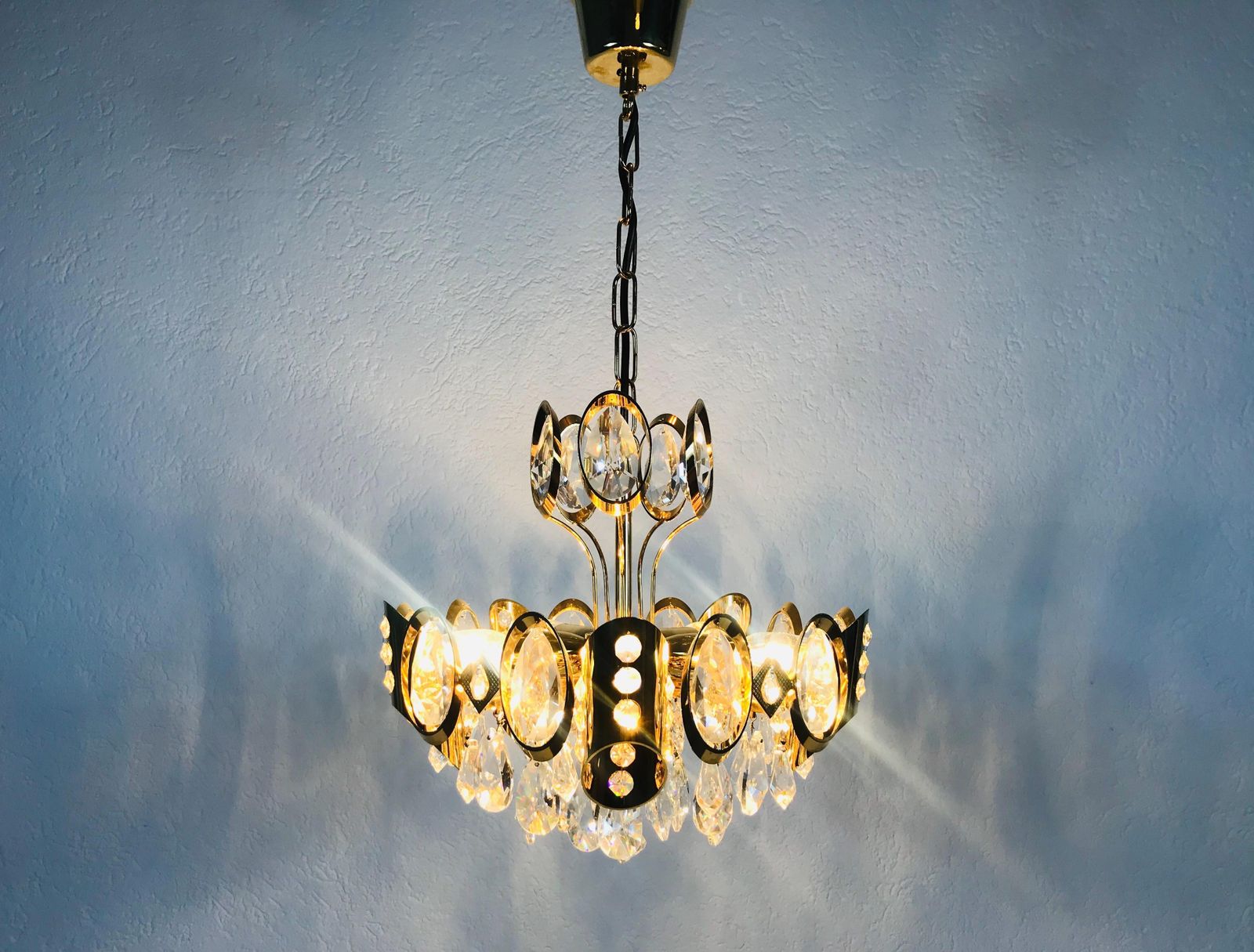 Golden Gilded Brass And Crystal Glass Chandelier By Palwa, Germany, 1960s photo furniture
