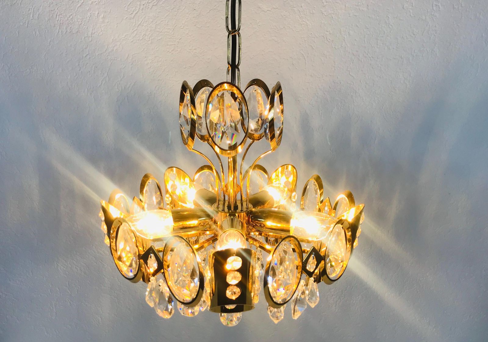 Golden Gilded Brass And Crystal Glass Chandelier By Palwa, Germany, 1960s photo 1378.0